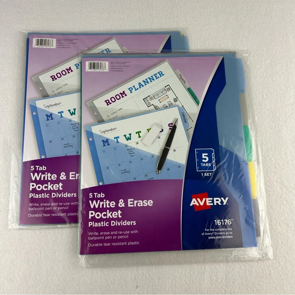Avery 5 Tab Write & Erase Pocket Plastic Dividers 16176 Lot of 2